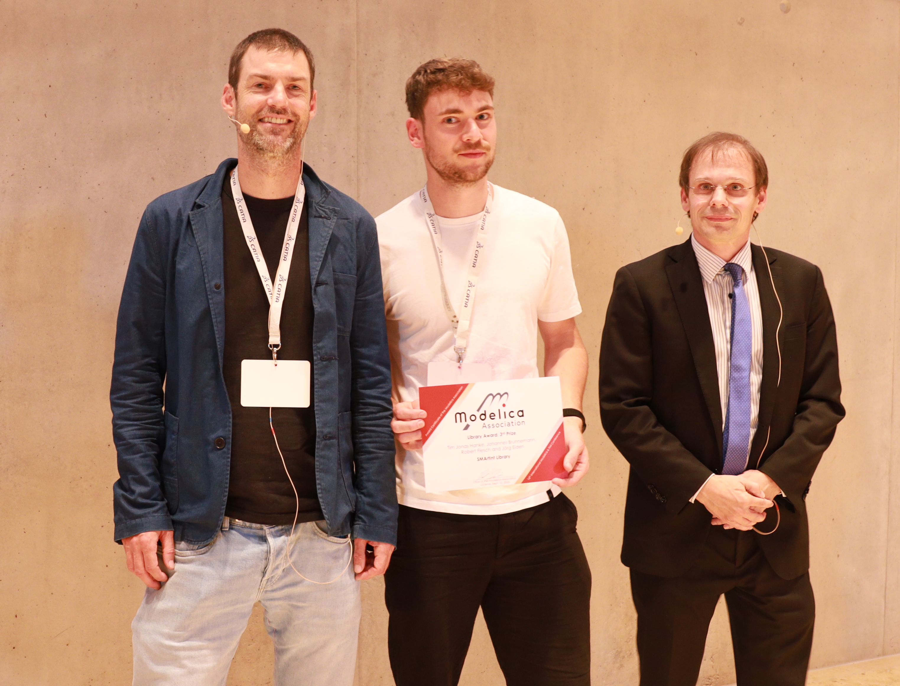 SMArtInt Library award ceremony at the 16th Int. Modelica and FMI conference - from left: Lars Mikelsons, Tim Hanke, Dirk Zimmer SMArtInt Library Award Ceremony